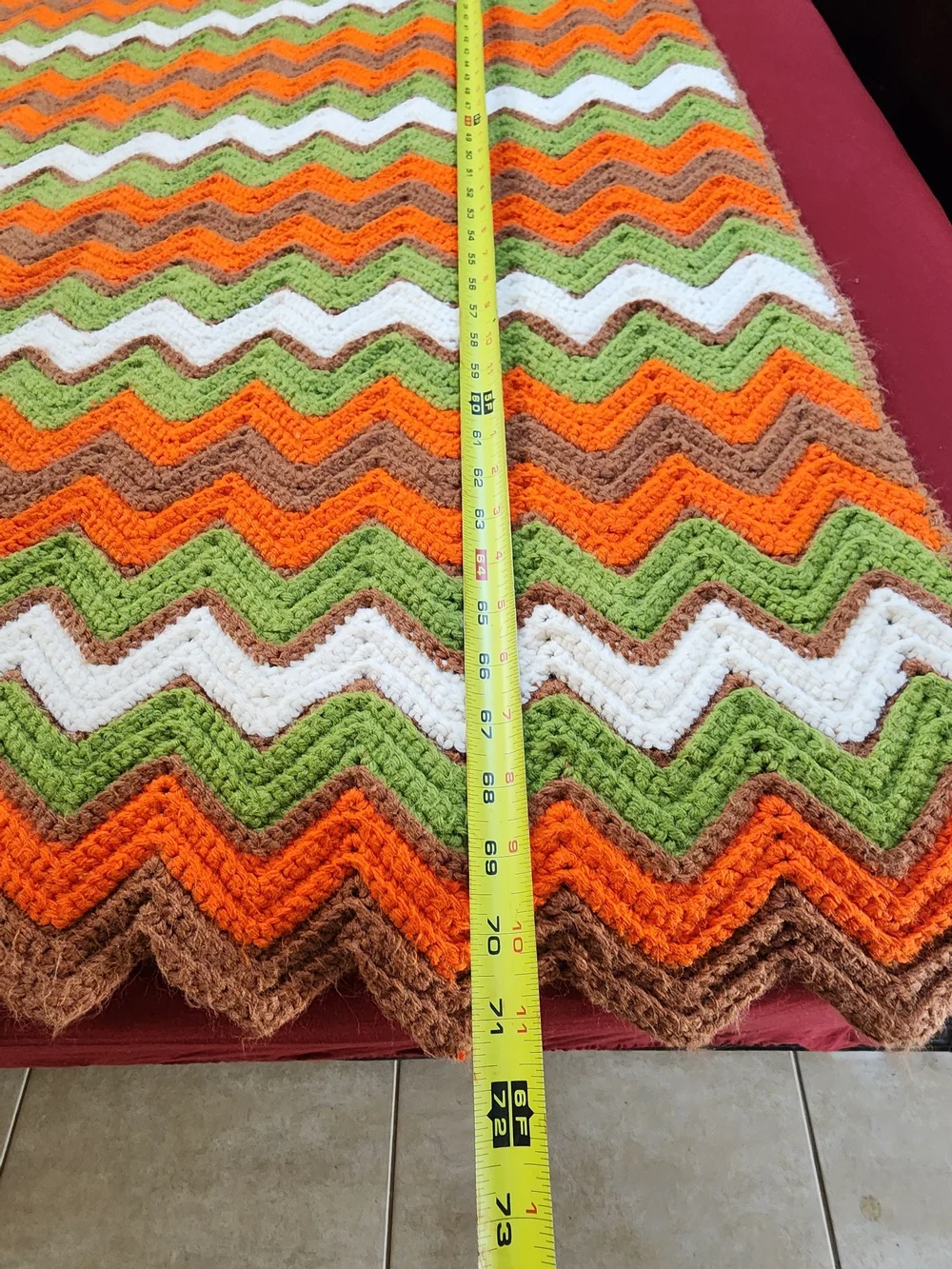 Vintage Handmade Chevron Crochet Throw in Orange, Green & White